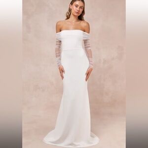 Lulus Beautifully Beloved White Mesh Off-the-shoulder Maxi Dress - Size XS